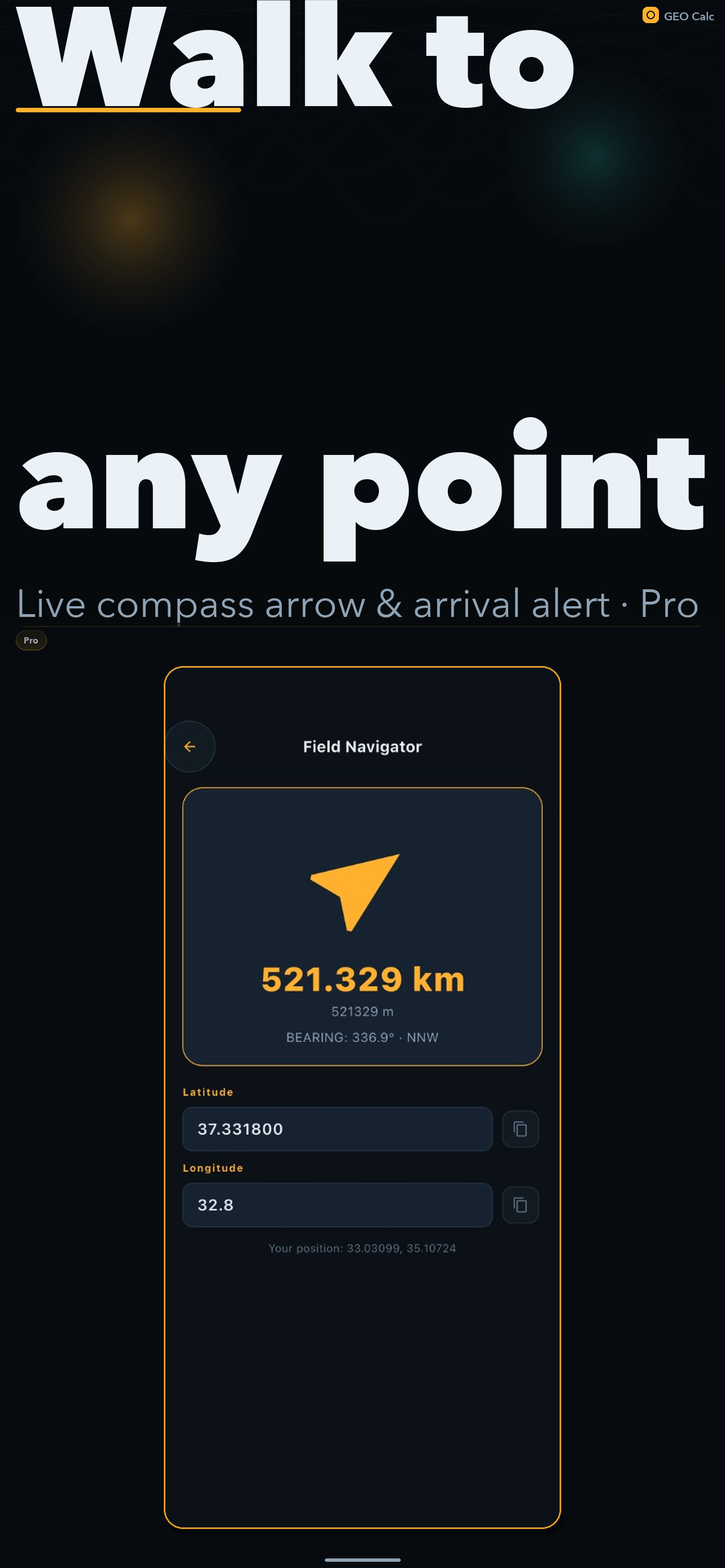 GEO Calc navigator with compass arrow to waypoint