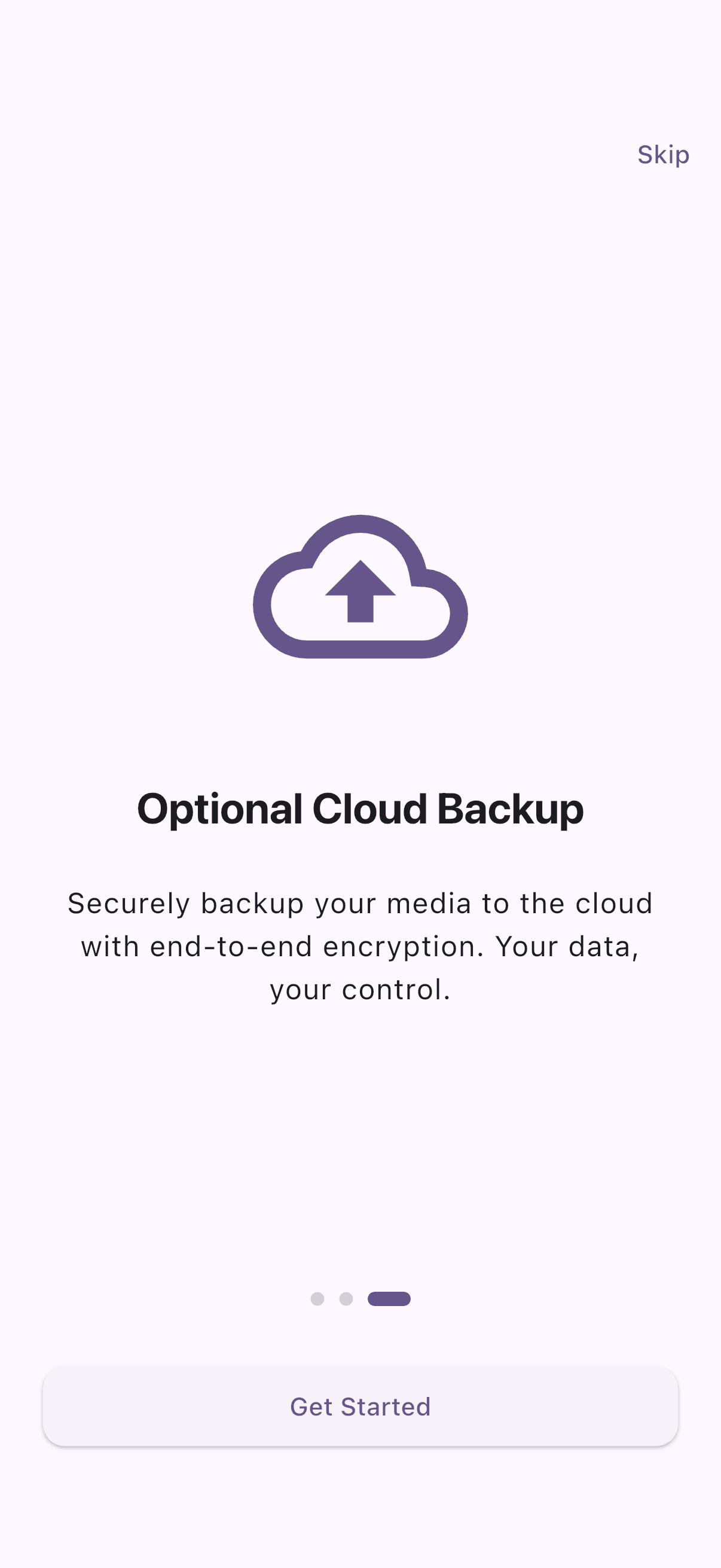 Hush Gallery onboarding cloud backup screen