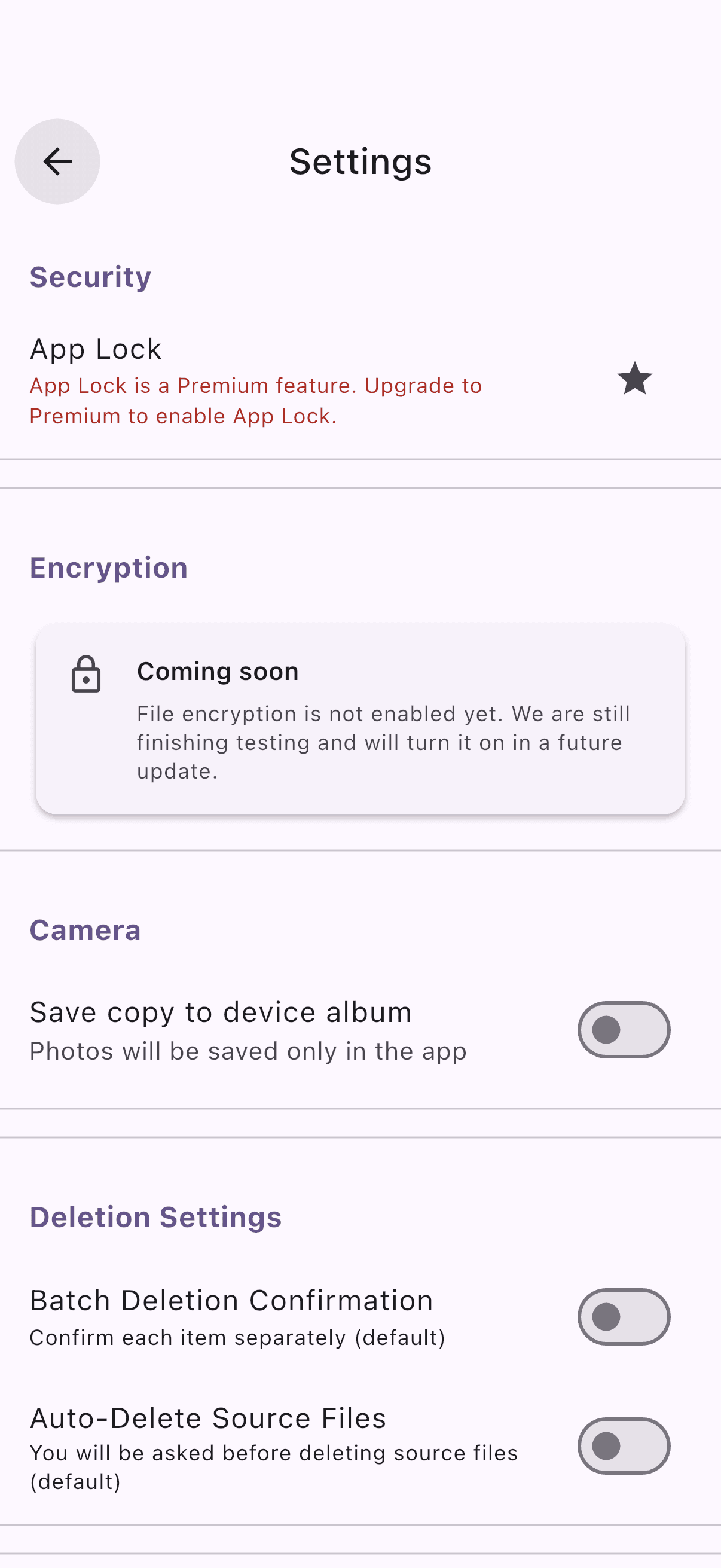 Hush Gallery settings screen