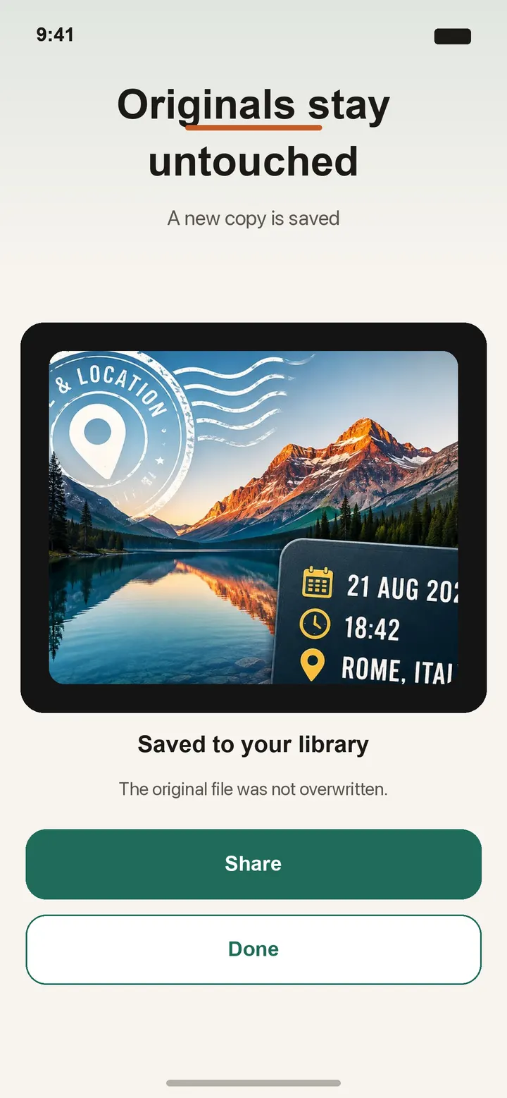 Photo Stamp export success — originals stay untouched