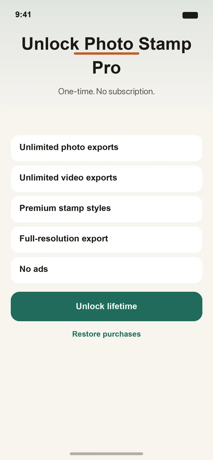 Photo Stamp Pro one-time unlock screen