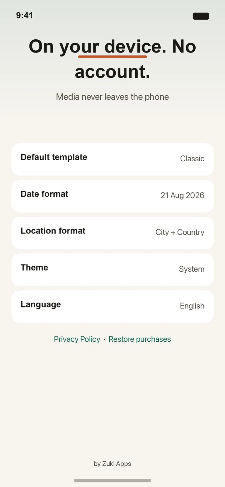 Photo Stamp settings — restore purchases and privacy