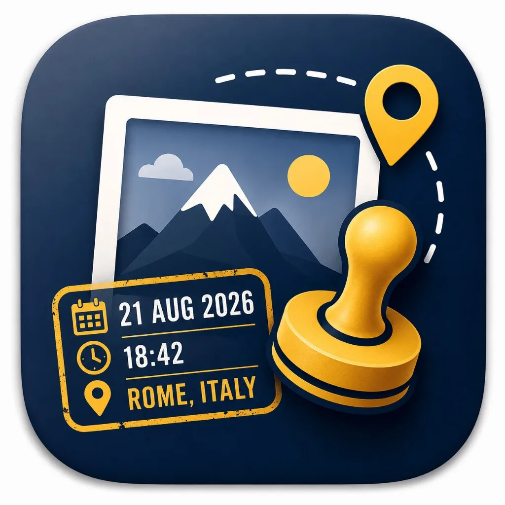 Photo Stamp promo art — photo, date stamp, and location pin