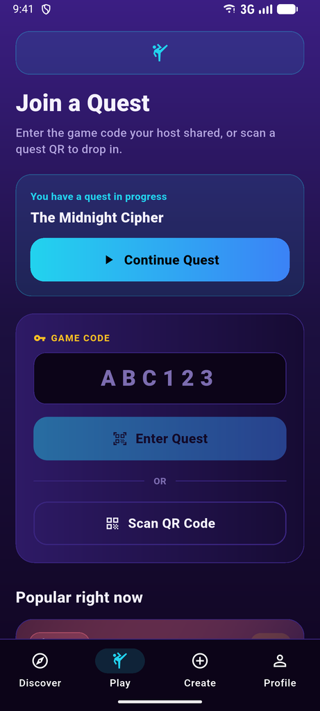 Questivo live game progress screen