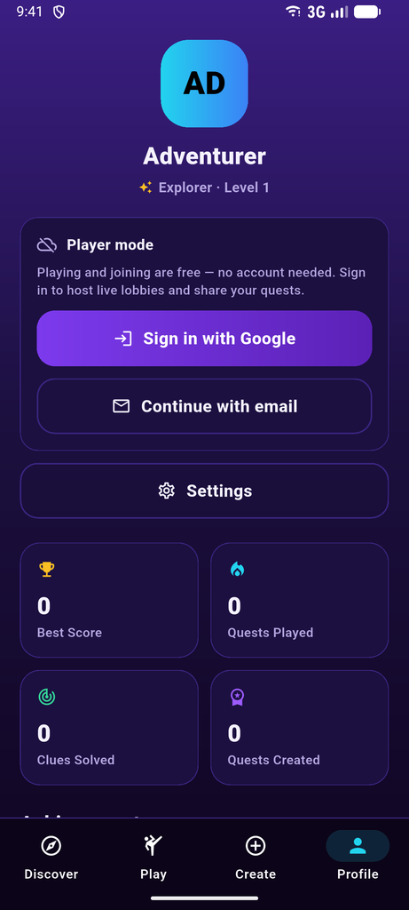 Questivo host profile and quest management screen
