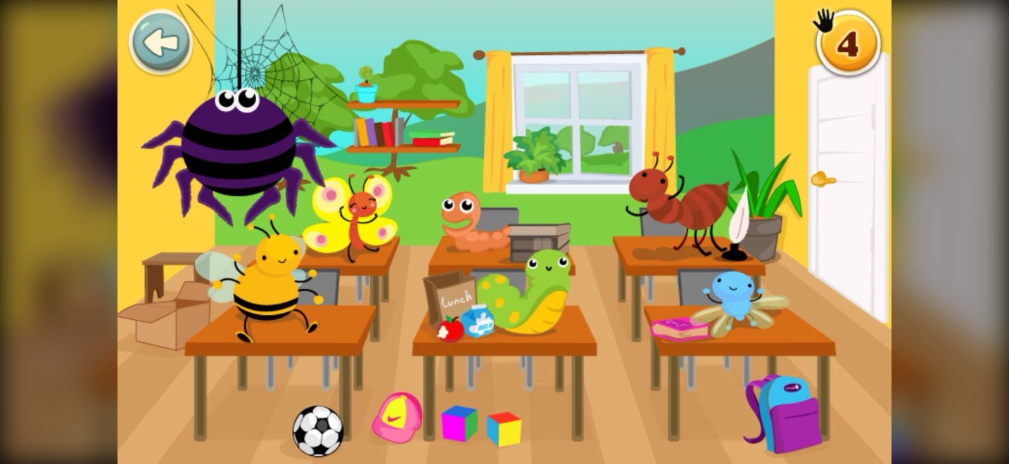 A classroom of cartoon insects with one detail out of place