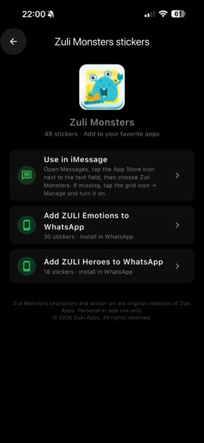 רכזת מדבקות Zuli Collage Zuli Monsters עם התקנה של WhatsApp ו-iMessage